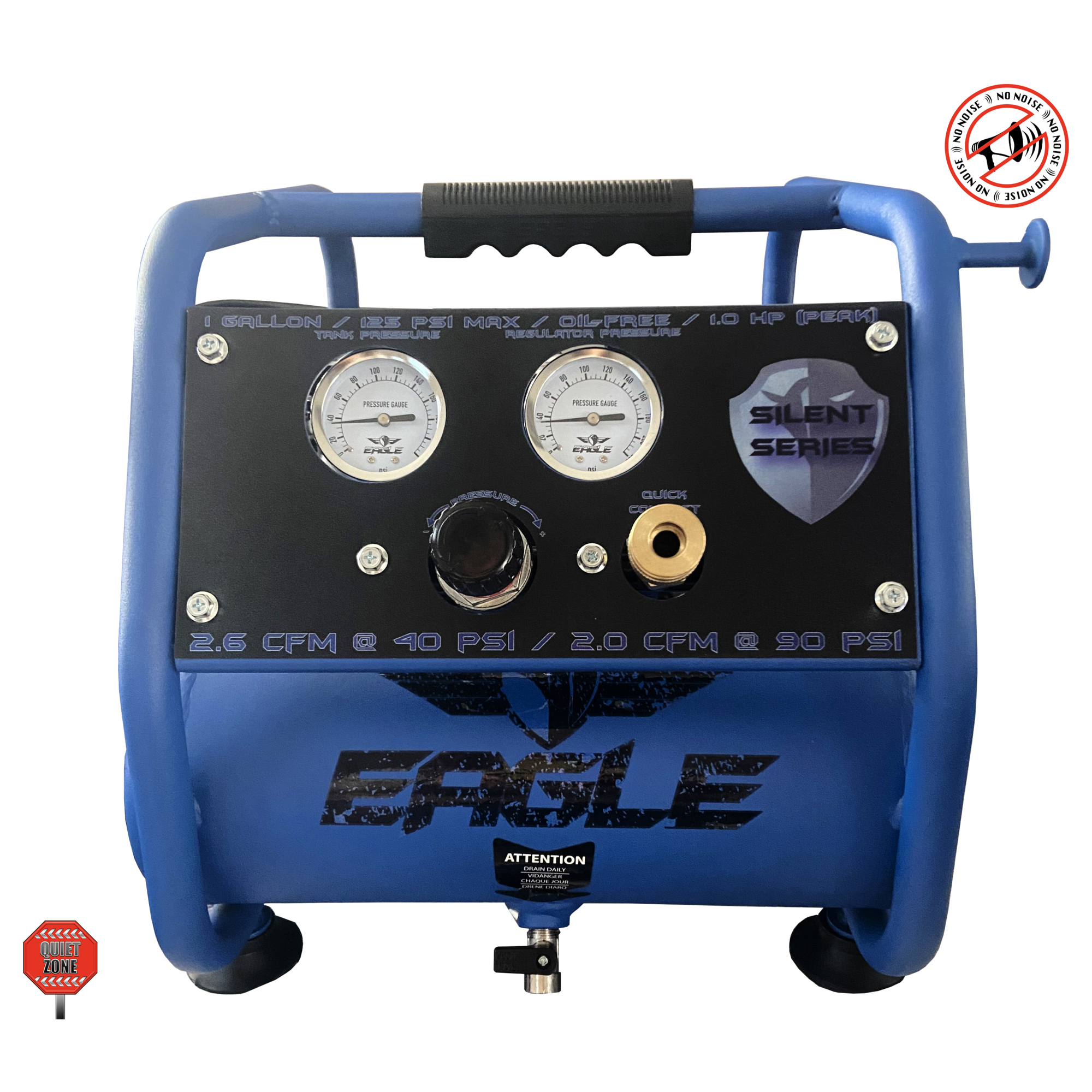 EAGLE, 46 dB 25ft. Silent Air Compressor, Horsepower 1 HP, Air Tank Size 1 Gal, Volts 110 volt, Model# EA-3000